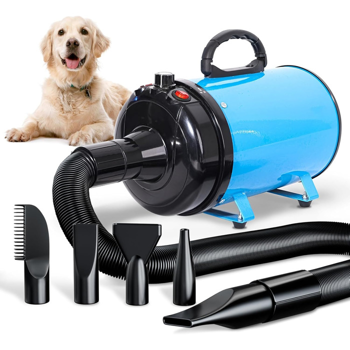 Фен для собак Blower 3000W, тихий, з регулюванням швидкості, 4 насадки, синій