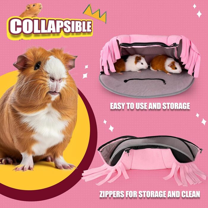 Туннель для морських свинок ONEJU, 2-сторонній, для гри, миючий, з блискавкою, рожевий та сірий