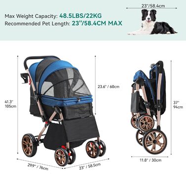 Візок для собак YITAHOME, блакитний, для маленьких собак, з обертовим ручками, сітковими вікнами та тримачем для напоїв