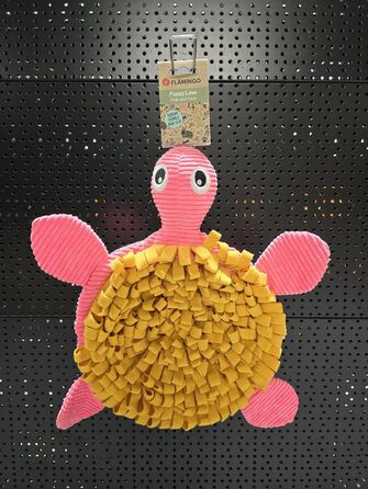Килимок-іграшка для цуценят Flamingo Morgano Schildkröte: жовтий та бежевий, 38x39x6,5 см, з антиковзаючою основою, пищалкою та шурхотом, для наповнення ласощами