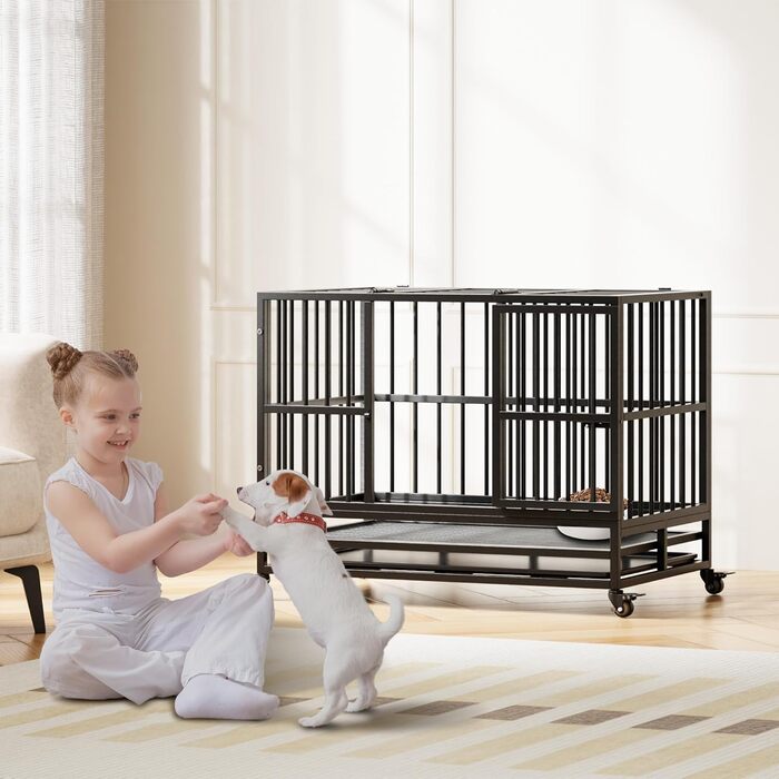 Міцний переносний вольєр для собак, транспортна переноска для великих собак, 94x58.5x74.8 см. Металевий вольєр на 4 колесах з двома дверцятами, знімний піддон. Підходить для малих, середніх та великих собак.
