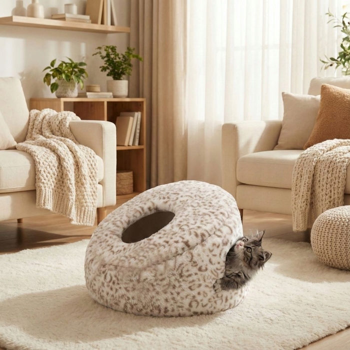 Ліжко-будиночок для котів CAVE Carinio: тепла лежанка-печера з двома входами, 48×48×29 см