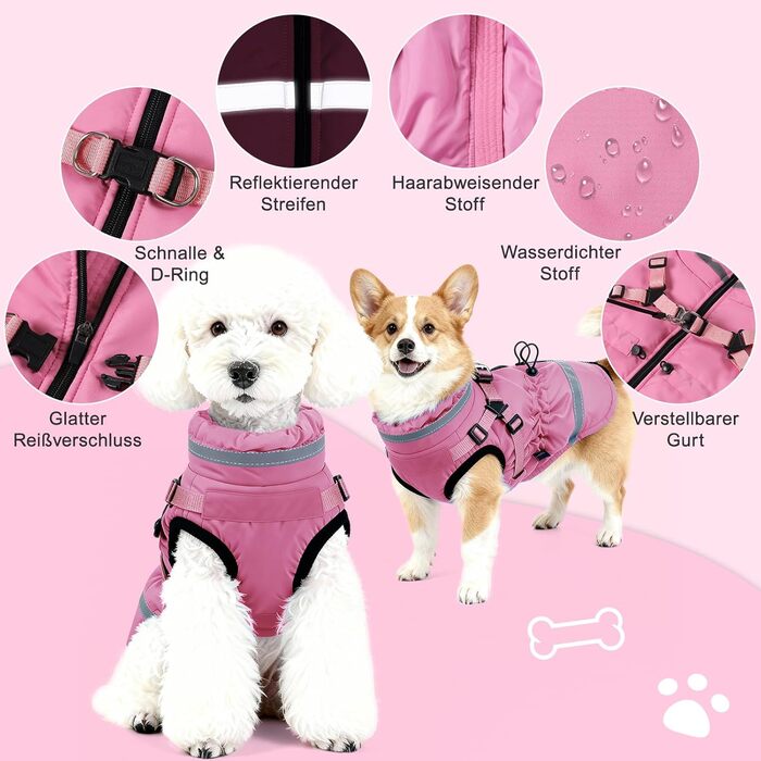 Теплий зимовий одяг для собак – куртка з флісу, світловідбиваюча, водо- та вітронепроникна, з інтегрованим повідком, рожева