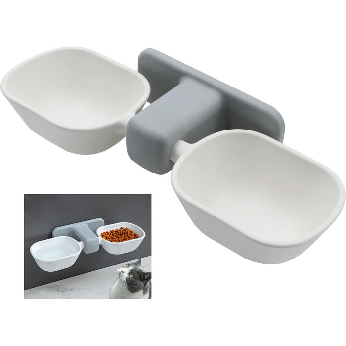 Двічі миска для котів, миски для котів, годівниця для котів на стіну, з піднятим тримачем, зменшує біль у шиї, знімні миски