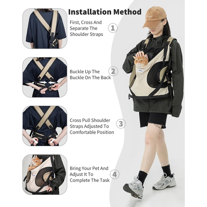 Рюкзак-переноска для тварин: котів та собак, з 2 бічними кишенями та передньою кишеню для цуценят, до 8,5 кг, регульований, з жорстким дном, для подорожей, зелений