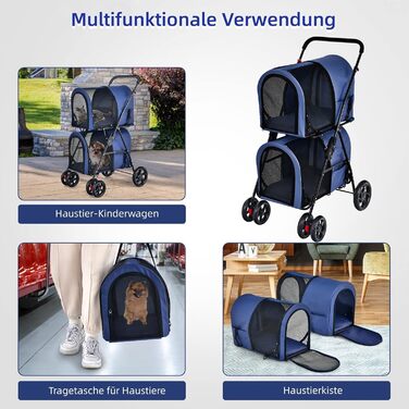 GYMAX Складаний візок для собак, буги для тварин з 2 знімними кишенями, візок для собак з передніми та задніми дверцятами, переноска для домашніх тварин з сітчастою тканиною та колесами з гальмами, переноска для собак та котів (Блакитний)