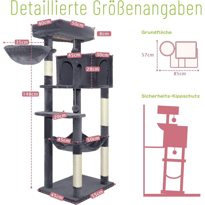 Котячий комплекс LEEJARD XXL: великий дерев'яний будиночок для котів з платформами, когтеточками, будиночком, гамаком, іграшками та захистом від перекидання (148 см, темно-сірий)
