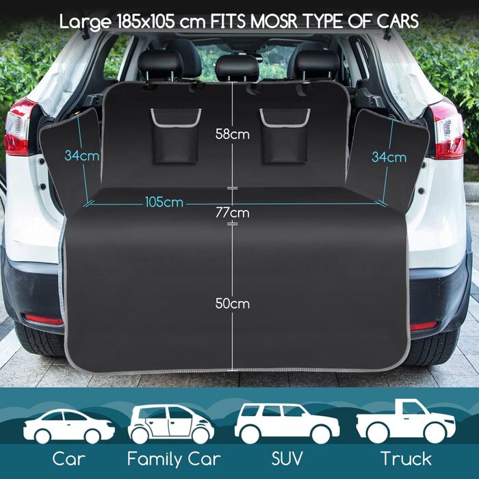 Захист для багажника автомобіля Nobleza для собак: килимок з захистом краю, універсальна автодека для собак з 2 кишенями, 185 x 105 см, водонепроникний та стійкий до подряпин