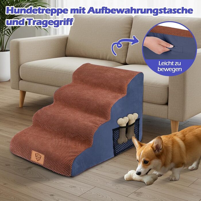 Сходинки для собак та котів: 4-ступенева переносна драбинка з високощільних матеріалів, коричнева