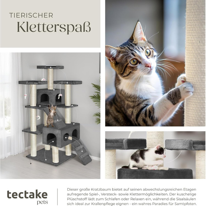 tectake XXL Дерево для котів 186 см, сизалевий стовп, іграшки, будиночок, драбинка, майданчики, антрацит
