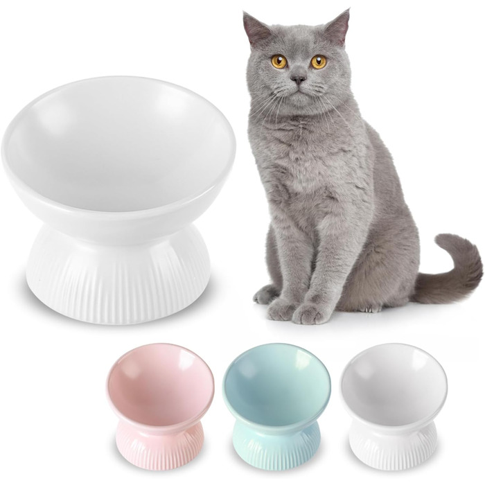 Підвищена годівниця для котів з кераміки - нахилена миска проти блювоти для котів - 280 мл, діаметр 15,5 см, біла