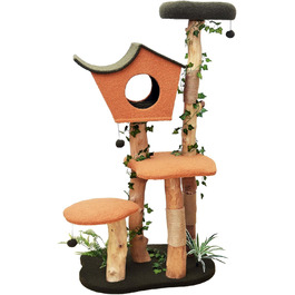 Котячий будиночок з когтеточкою Fudajo з рослинним декором, 154 см. Когтеточка з штучним хутром та деревом, будиночок для котів з іграшками, котячі меблі з платформами