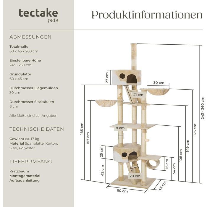 Котячий дряпак tectake XXL, регульований, 243-260 см, з лежаком, сходами, тунелем, домиком і сизалевою стовпчиком, бежево-білий