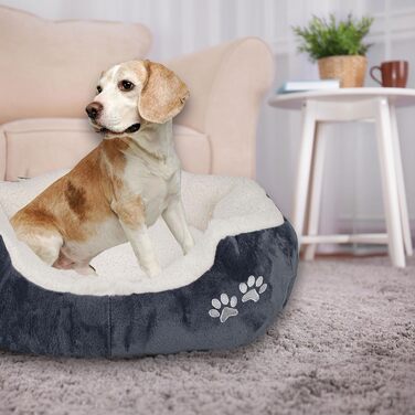 М'яке та пухнасте ліжко для собак та котів 57x52x16 см - зручне лежання з підвищеним бортиком, антиковзаюче дно, міцне та легке у догляді - біле/графіт