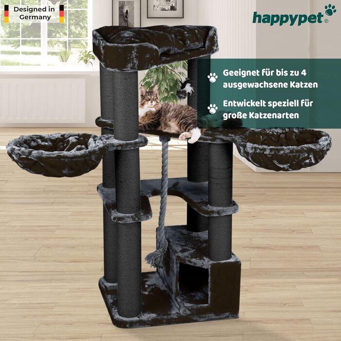 Дерев'яний котячий комплекс HAPPYPET Oscar 161 см для великих котів, преміум когтеточка 47 кг, стовпи 12 см, для мейн-кунів, 600 г плюшу, антрацит