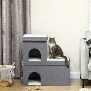 PawHut Cat Cave Cat House, Будиночок для кішок з 3 ярусами, Лежанок для кішки з подушкою, Будиночок для собаки до 5 кг, 74 x 37.5 x 78.5 см, Сірий | Аосом