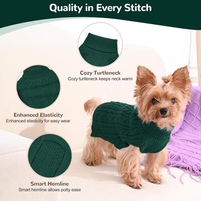 Пуловер для собак маленьких порід, зимовий, з високим коміром, в'язаний, фліс, стрейч, для цуценят, дівчаток та хлопчиків, одяг для домашніх тварин (S, Рожевий та (Зелений та Коричневий, Small)