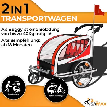 SAMAX Fahrradanhänger Jogger 2in1: Дитячий велопричіп-коляска 2в1, обертання 360°, для 2 дітей, червоний, сірий фрейм