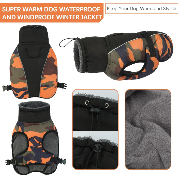 Водонепроникний зимовий одяг для собак - тепла куртка для собак, одяг для маленьких, середніх та великих собак, пуловер для собак з безпечними світловідбиваючими смугами для лабрадорів, чихуахуа, французьких бульдогів, 3XL, помаранчевий камуфляж
