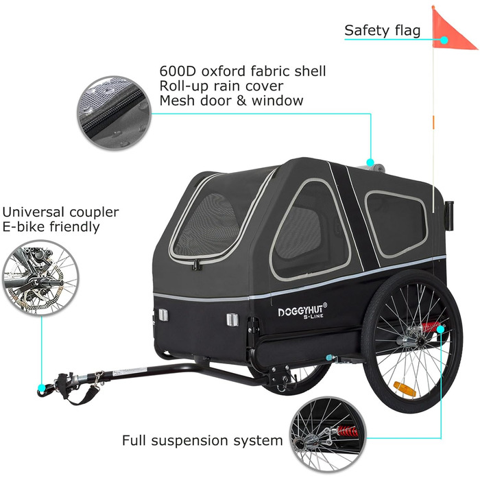 Doggyhut S-Line XL Візок-причіп для собак з амортизацією 2-в-1, велосипедний причіп та біговий візок для собак до 45 кг