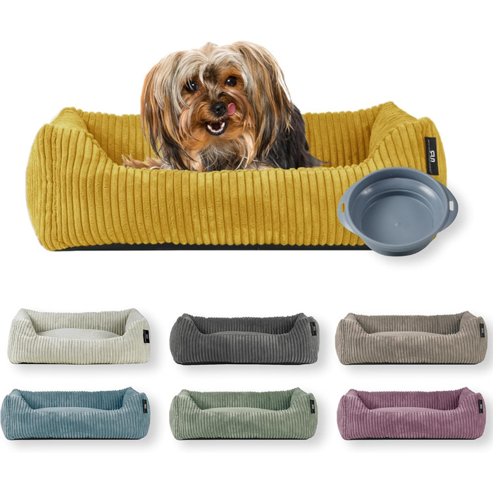 Ляжка для собак | для маленьких собак | з подушкою Cord | знімний чохол | з мискою для корму (55 x 42 см, гірчичний)