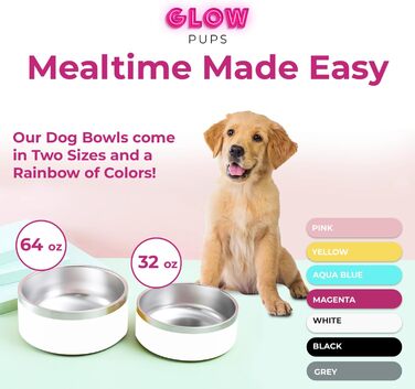 Glow Pups Біла миска для собак, подвійні стінки, ізольована, нековзна, 1,8 л, нержавіюча сталь