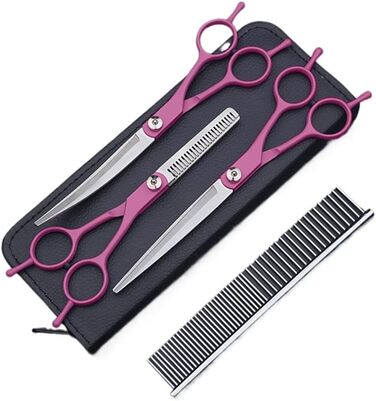 Набір професійних ножиць для собак 7 дюймів, 4 шт. для грумінгу: прямі, зігнуті, для розрідження шерсті, з ергономічними ручками, для собак та котів