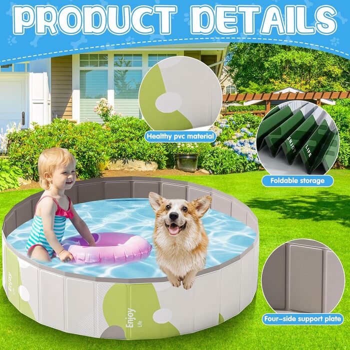 Дитячий басейн для собак та дітей, складний, з товстого ПВХ, антиковзкий, для балкона, саду, великих собак, кошенят, цуценят (A1-80*20)