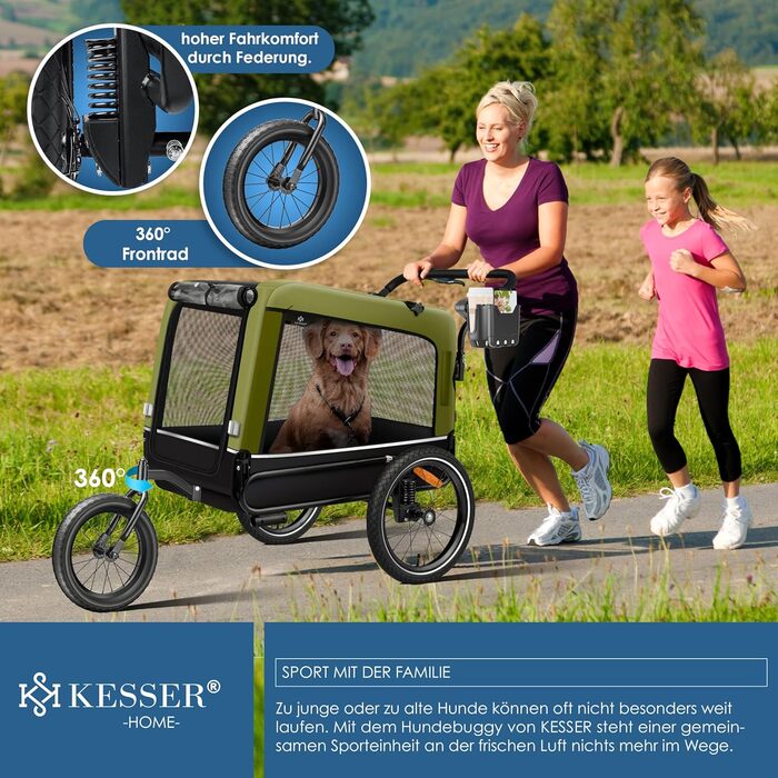 KESSER® причіп-візок для собак Boxer 3в1, велосипедний, прогулянковий, 240 л, 600D Оксфорд, амортизований, до 40 кг, з тримачем для напоїв