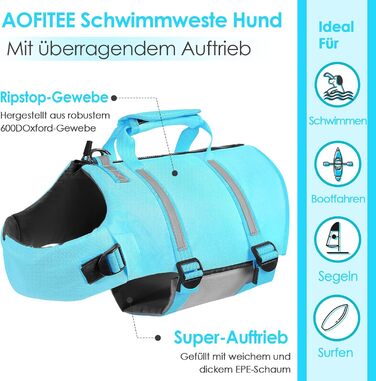 Спасальний жилет для собак AOFITEE XXL, великий розмір, з ручкою, світловідбиваючий, високоплавучий, для великих собак, блакитний