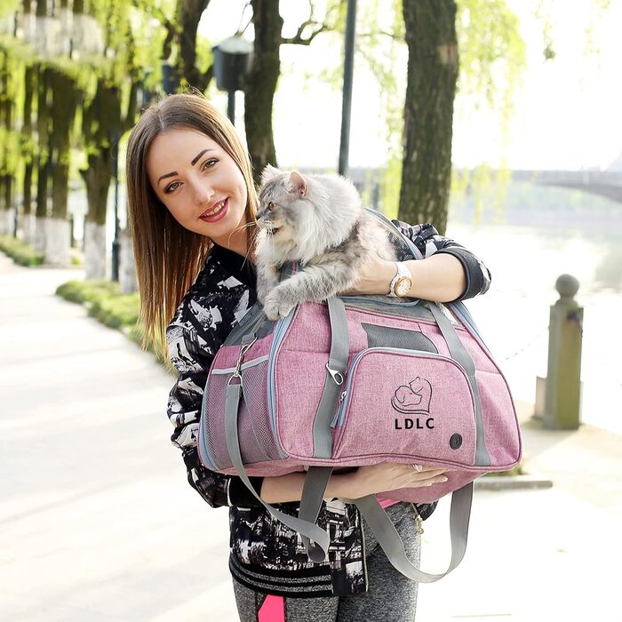 Переноска для котів і собак PETCUTE, дихаюча, з м’яким матрацом, оксфорд, з плечовим ременем, авіа-допущена, рожева