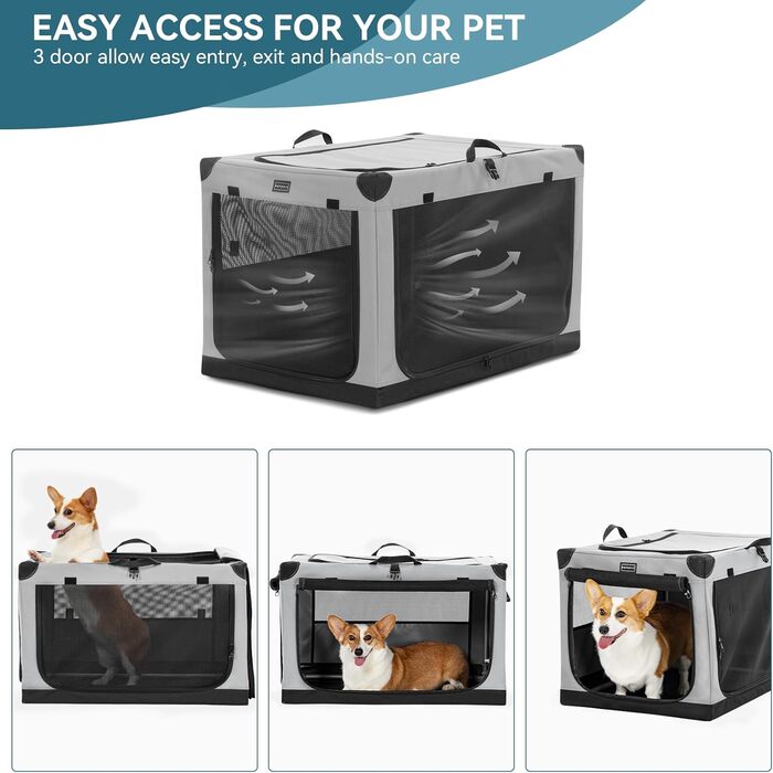 Складаний тканинний бокс для собак Petsfit XL, з трьома дверцятами, спіральним металевим каркасом, легкий для транспортування та зберігання, сірий