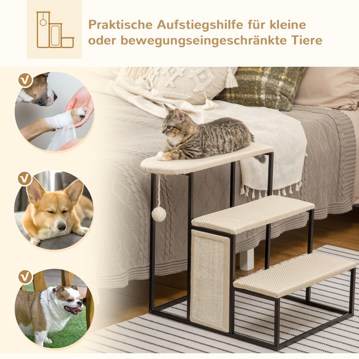 PawHut Pet Stairs 3-ступінчасті сходинки для кішок Сходи для собак з кігтеточкою та ігровим м'ячем зі сталі та сизалю 51x54x53см для котів та собак