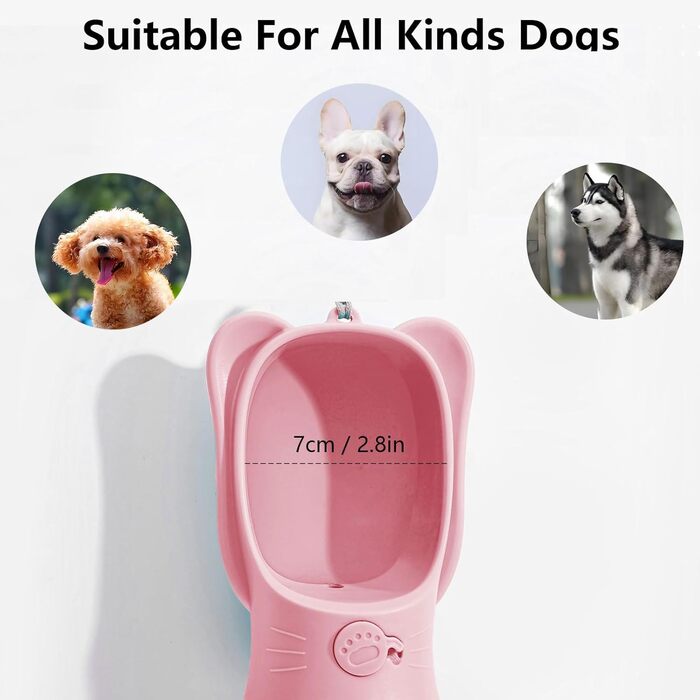 ДомКім портативна пляшка для води та корму для собак, 550 мл, рожева - для прогулянок, подорожей, цуценят