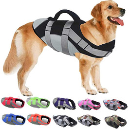 Спасальний жилет для собак PJDDP, чорний, L. Жилет для плавання з надмірною плавучістю та рятувальним руків'ям.