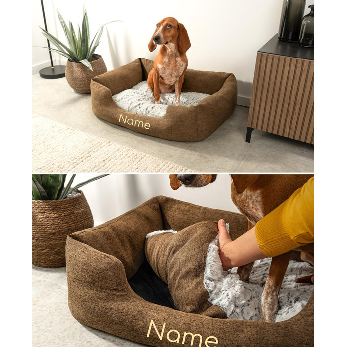 Клітка-лежанка для собак Lionto з м'яким змінним подушками, затишна лежанка для домашніх тварин у меланжевому дизайні з глибоким входом для собак та котів усіх розмірів, 80x60 см, м'яка лежанка для собак, коричнева (з написом) Коричнева L 80 x W 60 x H 26