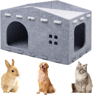 Кішка Будиночок з Фельту, Лежанка для Кішки - Знімний Будиночок, Теплий та Зимостійкий, Захист Кігтів, 52 x 32 x 31 см, Сірий