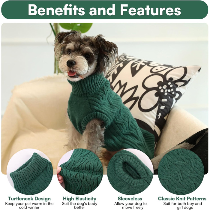 Светр для собак Queenore: в'язаний водолазка для джек-расселів, коргі, бульдогів (XS, зелений)