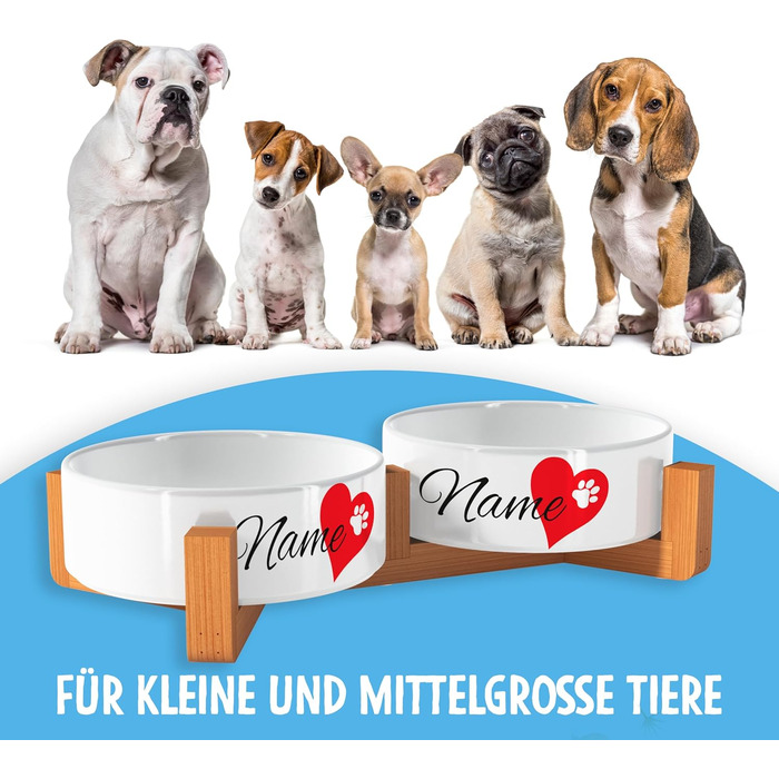 Персоналізований годівниця для собак OWLBOOK Herz з іменем, керамічний подвійний набір, бамбуковий каркас, 300 мл