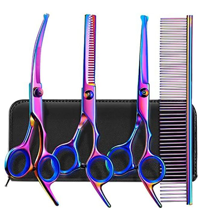 Професійна 5-в-1 шерстьрізачка для собак, 4CR з круглою безпечною насадкою, пряма, філірувальна та вигнута ножиці, гребінець з нержавіючої сталі