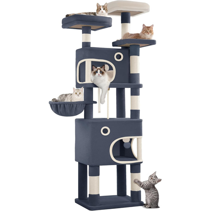 Драбина-кіготь для котів Hzuaneri, 159 см, з 8 кігтеточок, 3 платформ, 2 будиночків, кошиком, плюшевими кульками, мотузкою з сизалю, підходить для котів різних розмірів, MS15918LG (XL, темно-сірий)