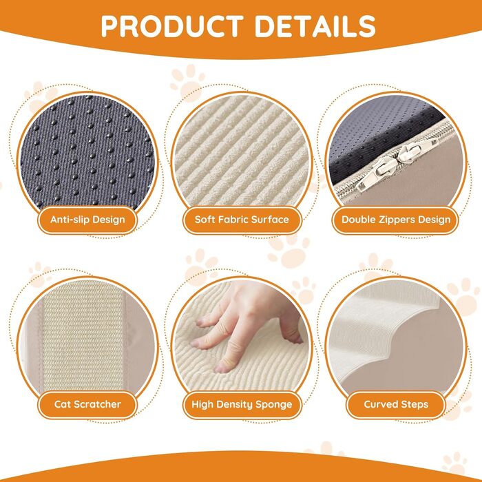 Сходинки для собак: 4 сходинки для ліжка, дивану, крісла, для маленьких собак, з антиковзким покриттям, фліс, бежевий