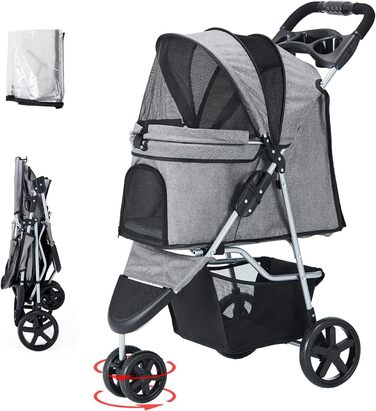 Візок для собак до 15 кг, складний, з кошиком для зберігання, сіткою та захистом від дощу. Підходить для маленьких та середніх собак, котів. Візок-тролей для собак (Сірий)