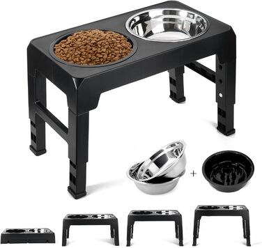 Підвищена годівниця для собак з регулюванням висоти, 4 положення, 2 миски з нержавіючої сталі та 1 миска для повільного годування, станція для годування собак великих, середніх та маленьких порід