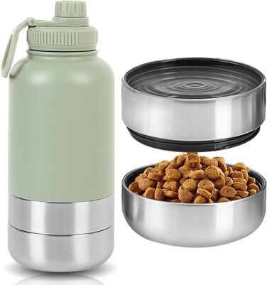 Водяна пляшка для собак на прогулянці, 950мл, з мискою, з нержавіючої сталі, термопляшка для собак, для подорожей та активного відпочинку (Зелена)