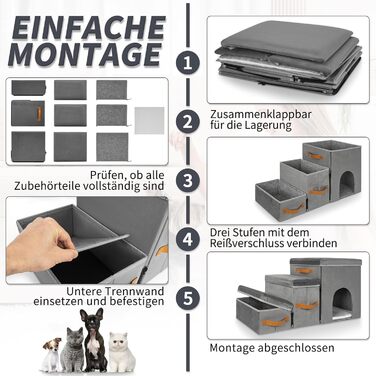 Сходинка для тварин OUUTMEE: складана сходинка для собак та котів з місцем для відпочинку, сіра (3 яруси з гніздом, 3 сходинки)