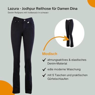 Лазура - жіночі рейтузи Джодхпур Діна | Джинсові рейтузи з повним обтиском | Дихаючі та еластичні рейтузи з повним обтиском | Джинсові рейтузи з 5 кишенями | Рейтузи для верхової їзди в 3 кольорах | Розміри 36-46 (46, Чорний)
