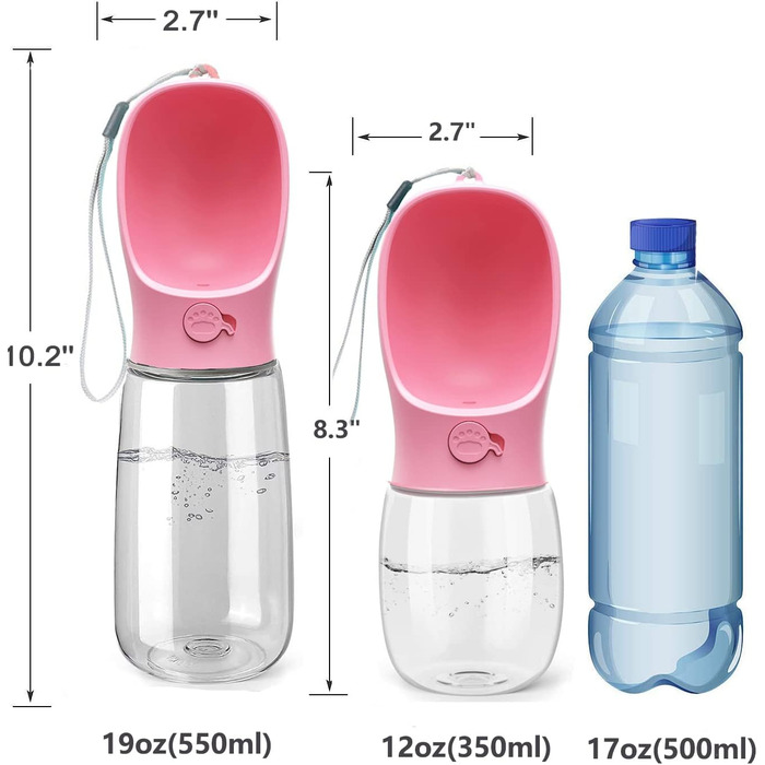Водяна пляшка для собак Kalimdor, витокозахисна, портативна, 340 мл, рожева