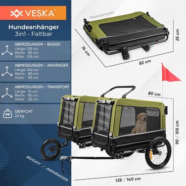Фаркоп-причіп 3в1 для собак: причіп, візок, джогер. Об'єм 240 літрів, подвійне збирання, синій, складаний