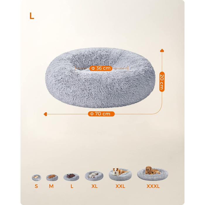 Ліжко для собак Feandrea, ліжко для котів, подушка-донат, 70 см, м'який плюш, знімний наповнювач, Ombré-Сірий
